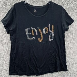 Womens Graphic Tee 18/20W Black Sequin Enjoy Casual Glam Relaxed Statement Top